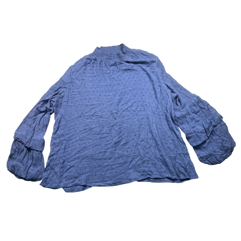 Easel Womens Large Blue Swiss Dot Blouse 100% Rayon Smocked Neck Balloon Boho